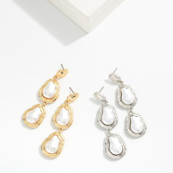 Linked Metal Tone & Baroque Pearl Post Drop Earrings 

- Approximately 2.25" L