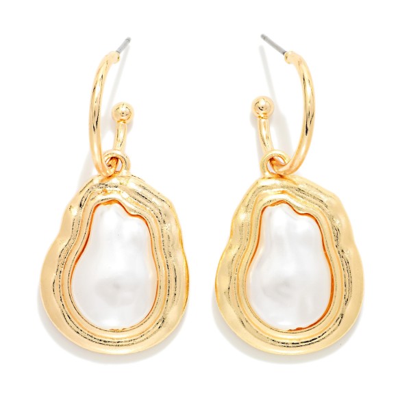 Baroque Pearl With Metal Tone Border Drop Hoop Earrings 

- Approximately 1.75" L