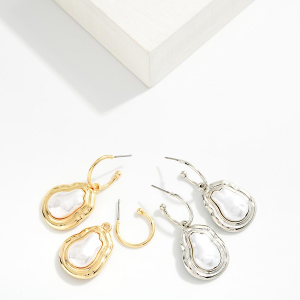 Baroque Pearl With Metal Tone Border Drop Hoop Earrings 

- Approximately 1.75" L