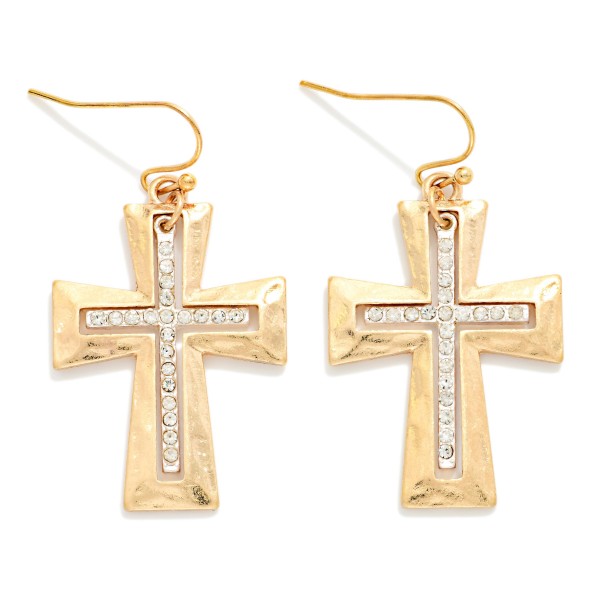 Hammered Metal Hollow Cross With Rhinestone Nesting Cross Drop Earrings 

- Approximately 1.5" L

