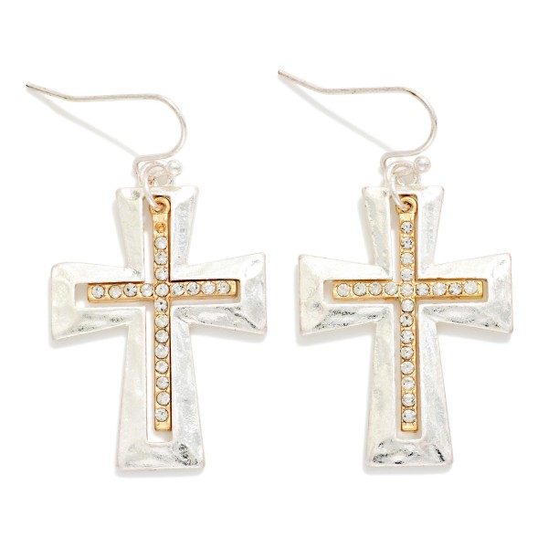 Hammered Metal Hollow Cross With Rhinestone Nesting Cross Drop Earrings 

- Approximately 1.5" L


