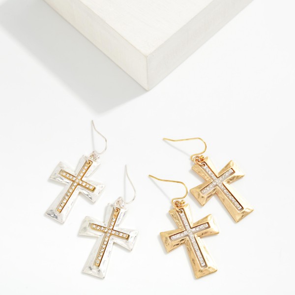 Hammered Metal Hollow Cross With Rhinestone Nesting Cross Drop Earrings 

- Approximately 1.5" L

