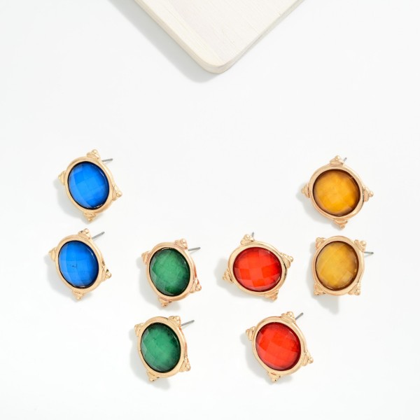 Faceted Acetate With Metal Tone Border Post Drop Earrings 

- Approximately 1" L