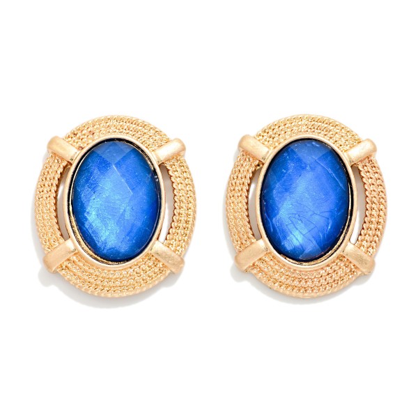 Faceted Acetate Oval Post Drop Earrings With Twisted Metal Border 

- Approximately 1" D