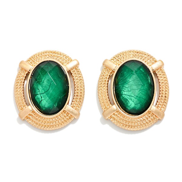 Faceted Acetate Oval Post Drop Earrings With Twisted Metal Border 

- Approximately 1" D