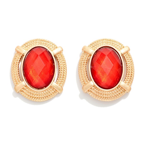 Faceted Acetate Oval Post Drop Earrings With Twisted Metal Border 

- Approximately 1" D