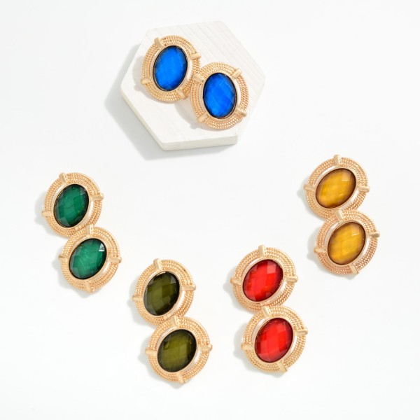 Faceted Acetate Oval Post Drop Earrings With Twisted Metal Border 

- Approximately 1" D