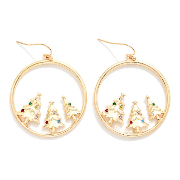 Metal Tone Drop Hoop Earrings Featuring Christmas Tree Details 

- Approximately 1.5" L