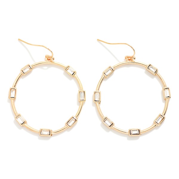 Metal Tone Drop Hoop Earrings Featuring Rectangular Rhinestone Details 

- Approximately 2" L