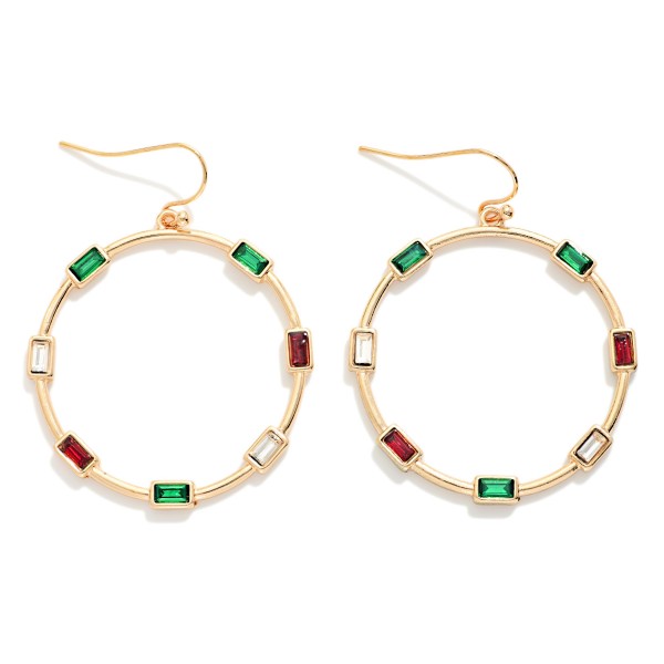 Metal Tone Drop Hoop Earrings Featuring Rectangular Rhinestone Details 

- Approximately 2" L