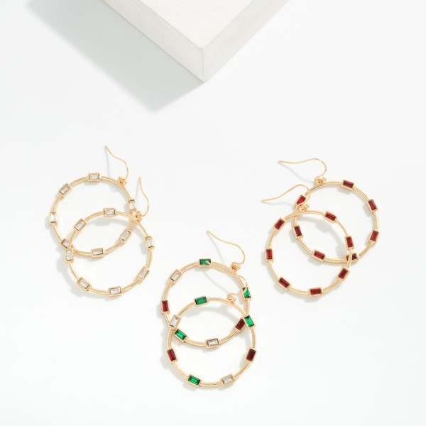 Metal Tone Drop Hoop Earrings Featuring Rectangular Rhinestone Details 

- Approximately 2" L