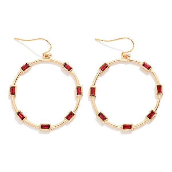 Metal Tone Drop Hoop Earrings Featuring Rectangular Rhinestone Details 

- Approximately 2" L
