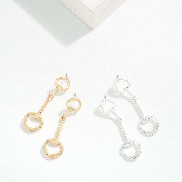Linked Metal Tone Horsebit Post Drop Earrings 

- Approximately 2" L