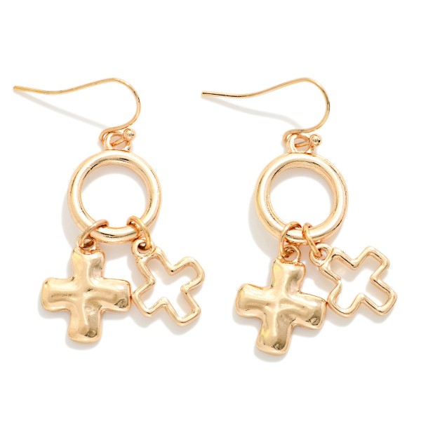 Metal Tone Drop Hoop Earrings Featuring Plus Crosses 

- Approximately 1.5" L
