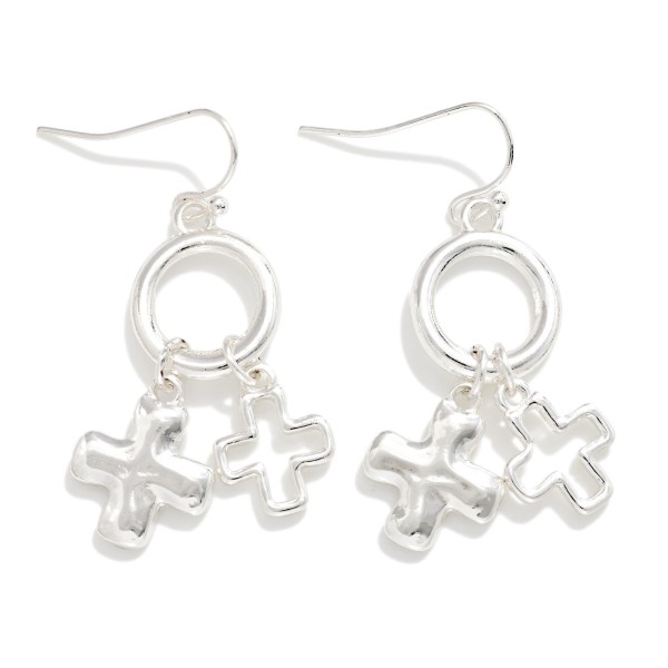 Metal Tone Drop Hoop Earrings Featuring Plus Crosses 

- Approximately 1.5" L