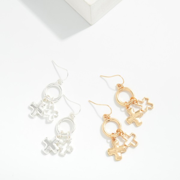 Metal Tone Drop Hoop Earrings Featuring Plus Crosses 

- Approximately 1.5" L