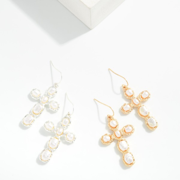 Baroque Pearl Studded Cross Drop Earrings 

- Approximately 1.75" L