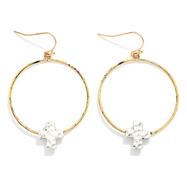 Distressed Metal Drop Hoop Earrings Featuring Hammered Metal Cross Detail 

- Approximately 2" L