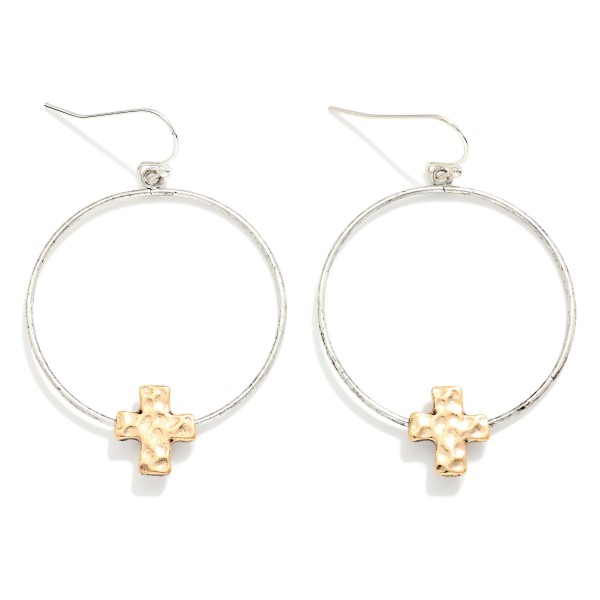 Distressed Metal Drop Hoop Earrings Featuring Hammered Metal Cross Detail 

- Approximately 2" L