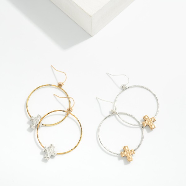Distressed Metal Drop Hoop Earrings Featuring Hammered Metal Cross Detail 

- Approximately 2" L