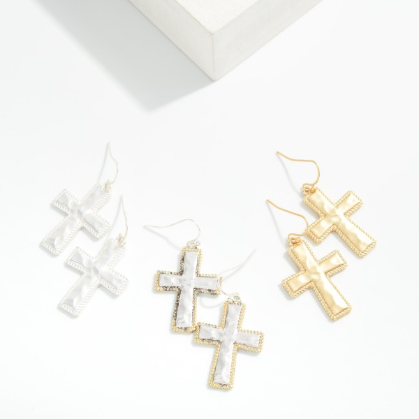 Hammered Metal Cross Drop Earrings 

- Approximately 1.5" L