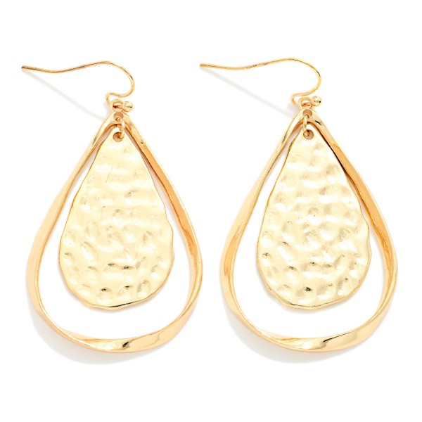 Hollow Flat Metal Teardrop With Hammered Metal Nesting Teardrop Drop Earrings 

- Approximately 2" L
