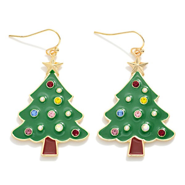 Enamel & Rhinestone Christmas Tree Drop Earrings 

- Approximately 2" L