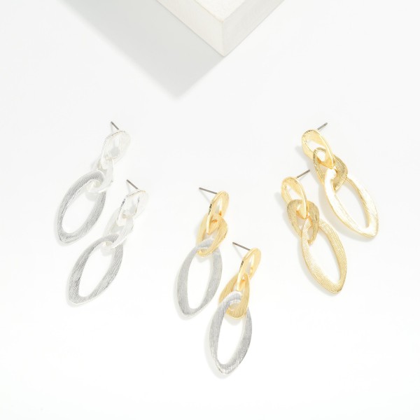 Linked Brushed Metal Abstract Ovals Post Drop Earrings 

- Approximately 2" L
