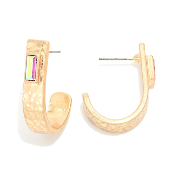 Hammered Metal Drop Half Hoop Earrings Featuring Baguette Rhinestone Detail 

- Approximately 1.25" L