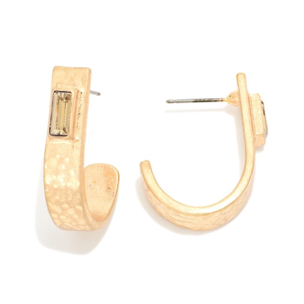 Hammered Metal Drop Half Hoop Earrings Featuring Baguette Rhinestone Detail 

- Approximately 1.25" L