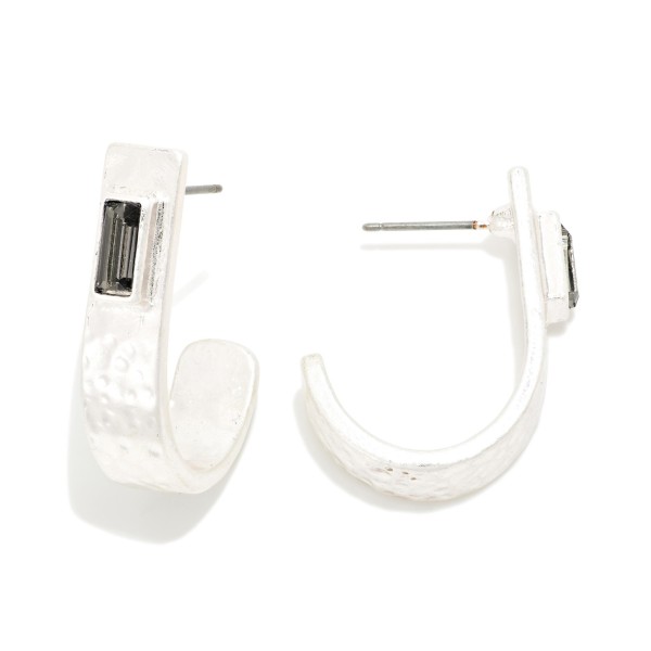Hammered Metal Drop Half Hoop Earrings Featuring Baguette Rhinestone Detail 

- Approximately 1.25" L