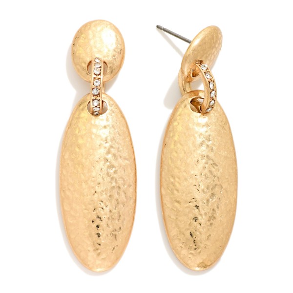 Hammered Metal Linked Ovals Post Drop Earrings With Rhinestone Details 

- Approximately 2.25" L