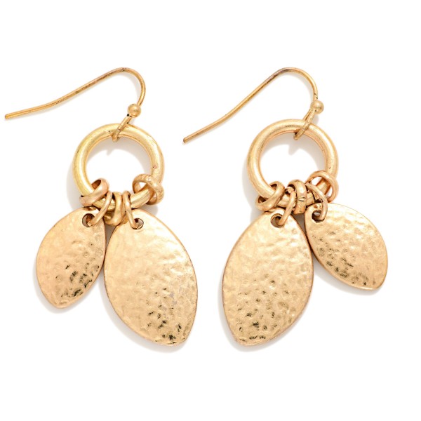 Metal Tone Hoop Drop Earrings With Hammered Metal Ovate Shape Details

- Approximately 1.5" L 