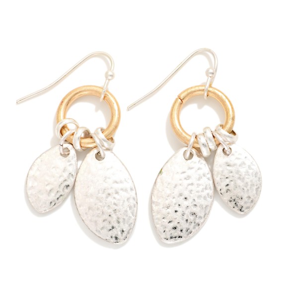 Metal Tone Hoop Drop Earrings With Hammered Metal Ovate Shape Details

- Approximately 1.5" L 