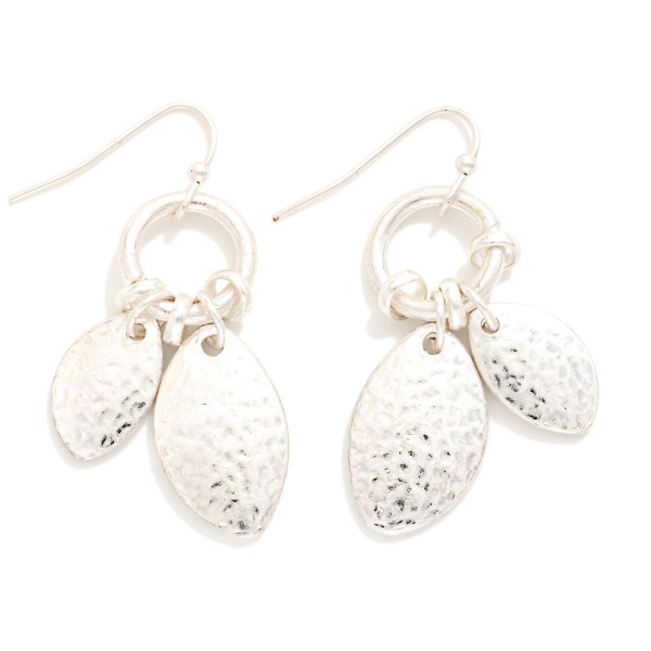 Metal Tone Hoop Drop Earrings With Hammered Metal Ovate Shape Details

- Approximately 1.5" L 