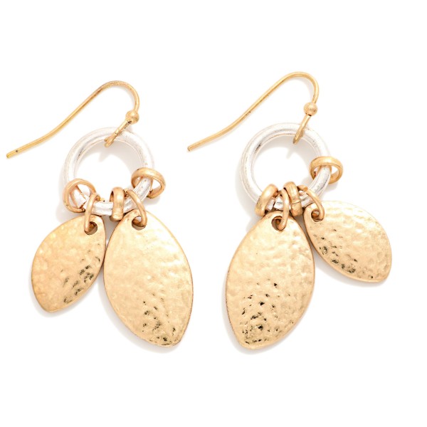 Metal Tone Hoop Drop Earrings With Hammered Metal Ovate Shape Details

- Approximately 1.5" L 