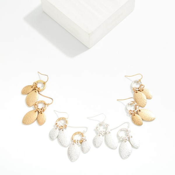 Metal Tone Hoop Drop Earrings With Hammered Metal Ovate Shape Details

- Approximately 1.5" L 