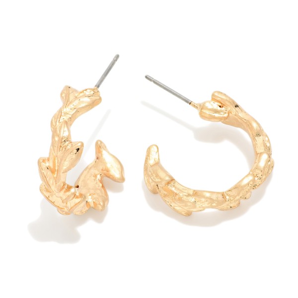 Metal Tone Leaf Hoop Earrings 

- Approximately .75" D