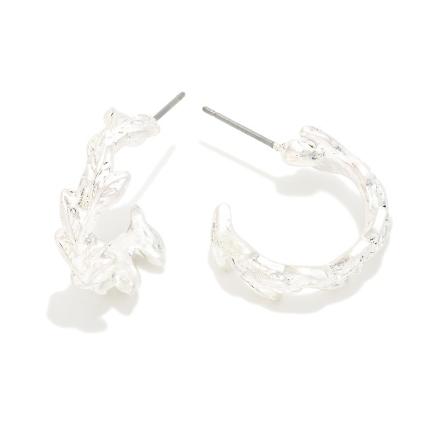 Metal Tone Leaf Hoop Earrings 

- Approximately .75" D