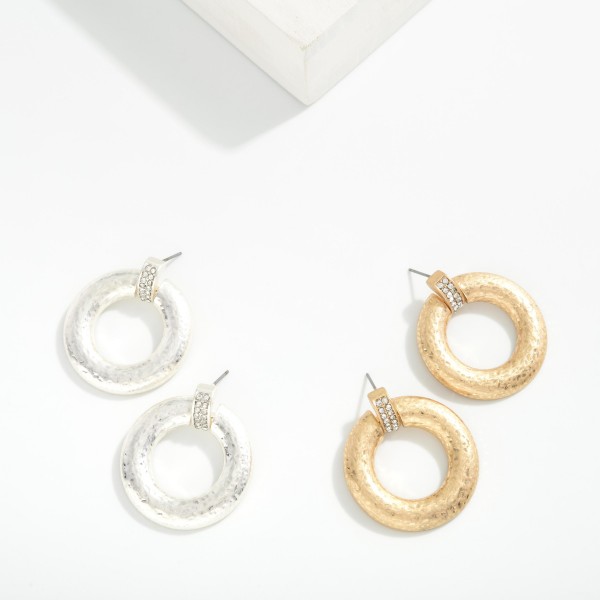 Hammered Metal Hoops Post Drop Earrings With Rhinestone Details 

- Approximately 1.5" L