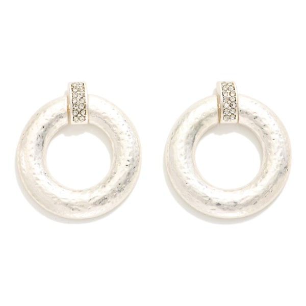 Hammered Metal Hoops Post Drop Earrings With Rhinestone Details 

- Approximately 1.5" L