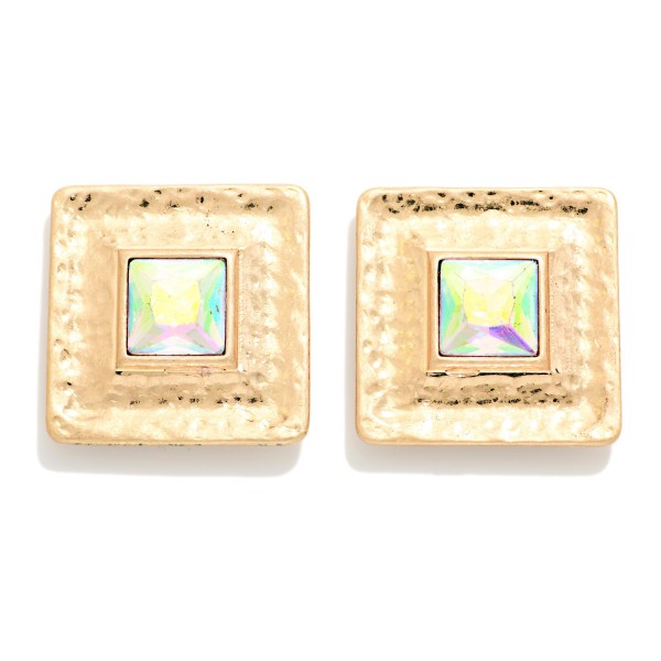 Hammered Metal Square & Rhinestone Post Drop Earrings

- Approximately 1" L 