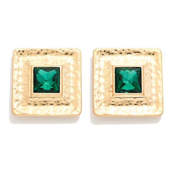Hammered Metal Square & Rhinestone Post Drop Earrings

- Approximately 1" L 