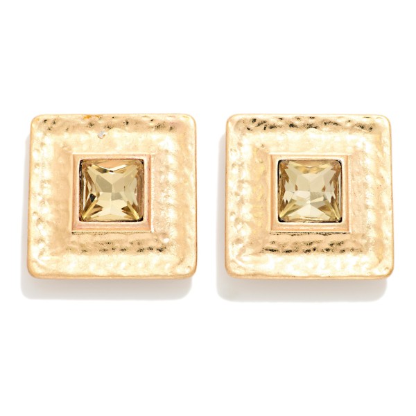 Hammered Metal Square & Rhinestone Post Drop Earrings

- Approximately 1" L 