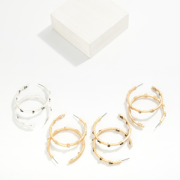 Metal Tone Hoop Earrings With Petite Rhinestone Details 

- Approximately 1.75" D