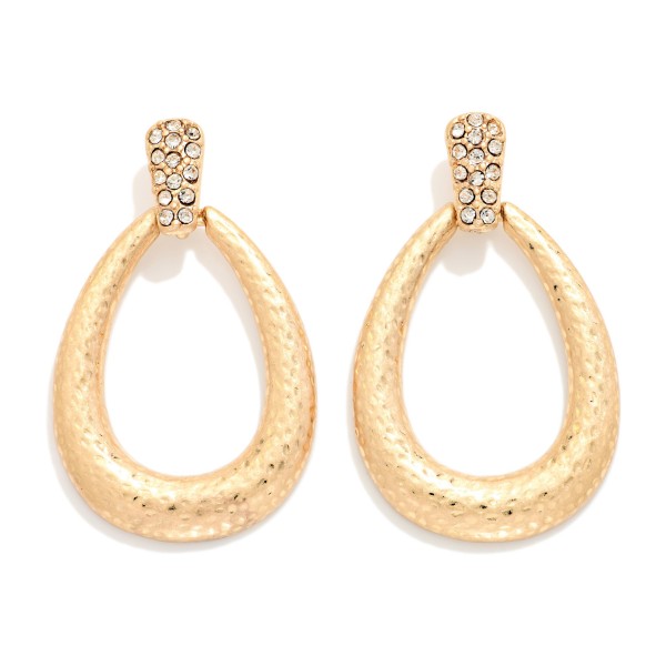 Hammered Metal Teardrop With Rhinestone Post Drop Earrings 

- Approximately 1.75" L