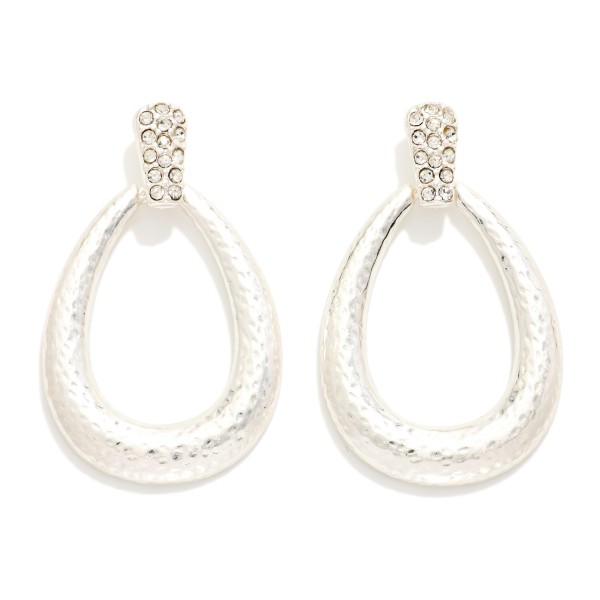 Hammered Metal Teardrop With Rhinestone Post Drop Earrings 

- Approximately 1.75" L