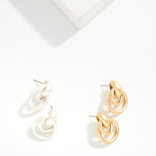 Metal Tone Layered Metal Hoops Doorknocker Post Drop Earrings 

- Approximately 1" L