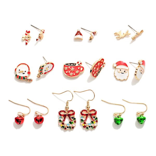 Set Of Nine Christmas Enamel Stud & Drop Earrings 

- Approximately .25"-.75" L