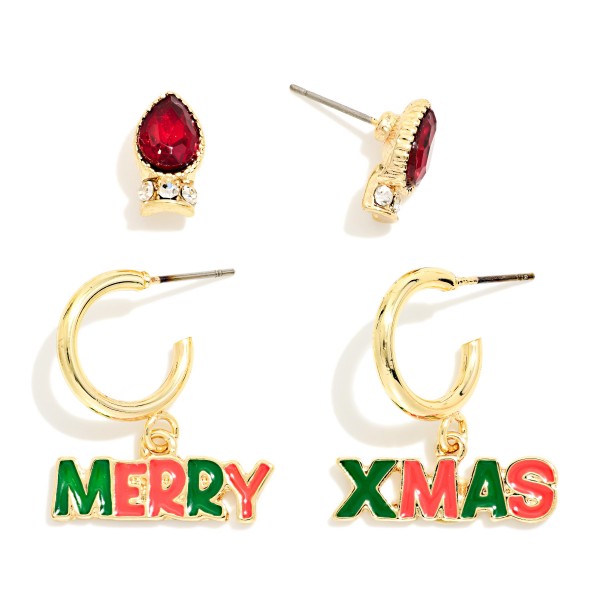 Rhinestone Christmas Light Stud & Merry Xmas Hoop Earrings 

- Approximately .25" - 1" L